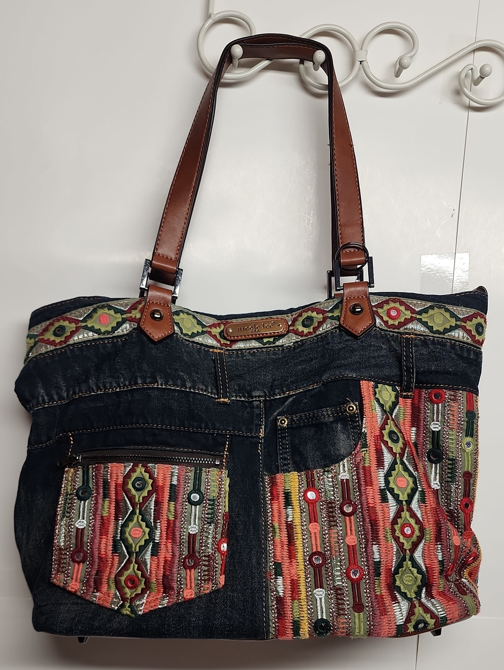Nicole Lee Denim Large Tote Bag Brown Straps Multicolor Boho Hippie Rare